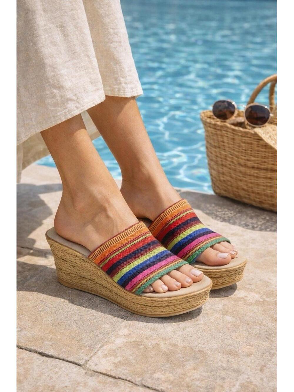 Sbicca Rainbow Stripe Wedge Sandals Platform Slide Boho Womens Size 10 Colorful